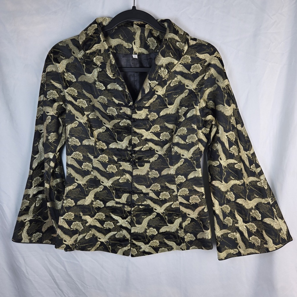 Chinese Style Silk Brocade Jacket Black Gold Crane Print Womens Small Frog Close